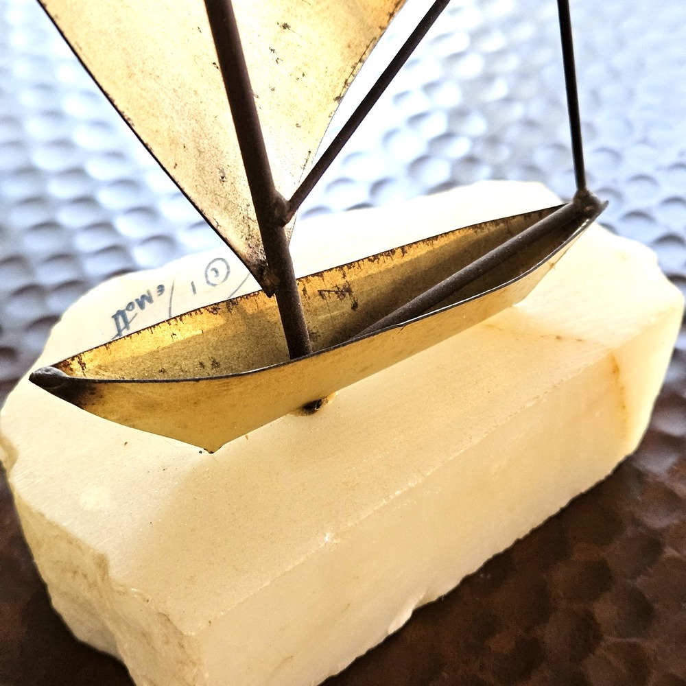 Vintage DeMott Signed Brass Sailboat 13" • Onyx Base • MCM Fluid Lines - Picture 7 of 8